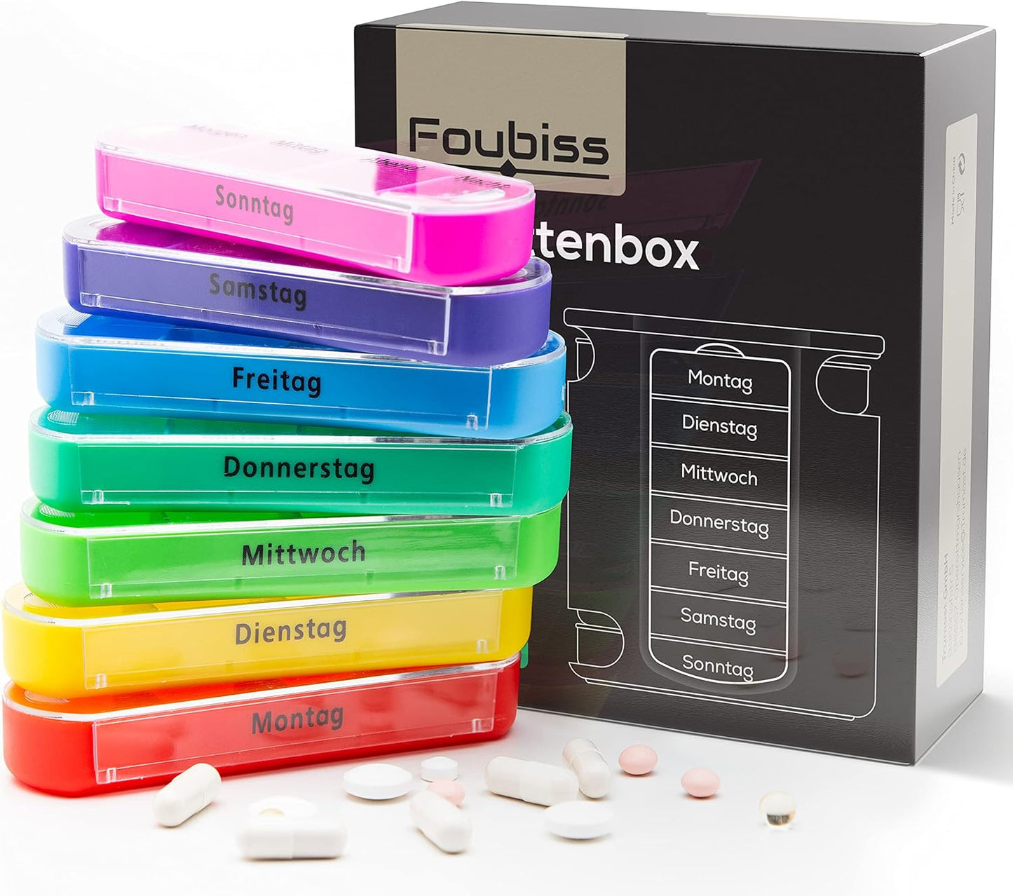 Foubiss Tablettenbox - BPA Frei - Medikamentenbox Mit 7 Tage 4 FΓ€cher - Pillendose Perfekt FΓΌr Unterwegs - Seniorenfreundliche Pillenbox - Tablettendose Morgens ,Mittags Oder Abends