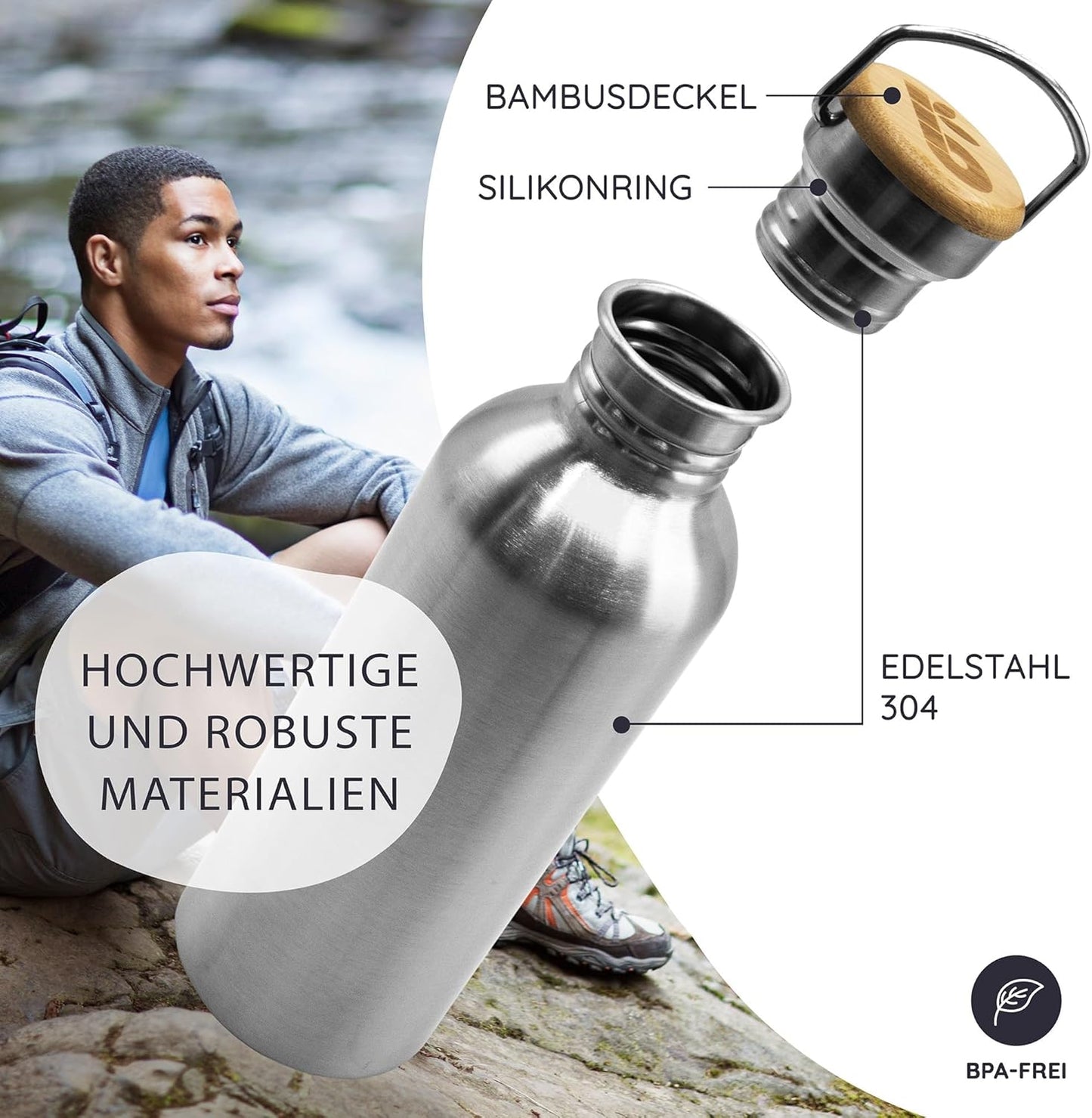 Bambaw Trinkflasche Edelstahl 750Ml, Nicht-Isolierte Edelstahl Trinkflasche Blau, BPA Freie Trinkflasche, Auslaufsichere Trinkflasche, Wasserflasche Metall – Azurblau