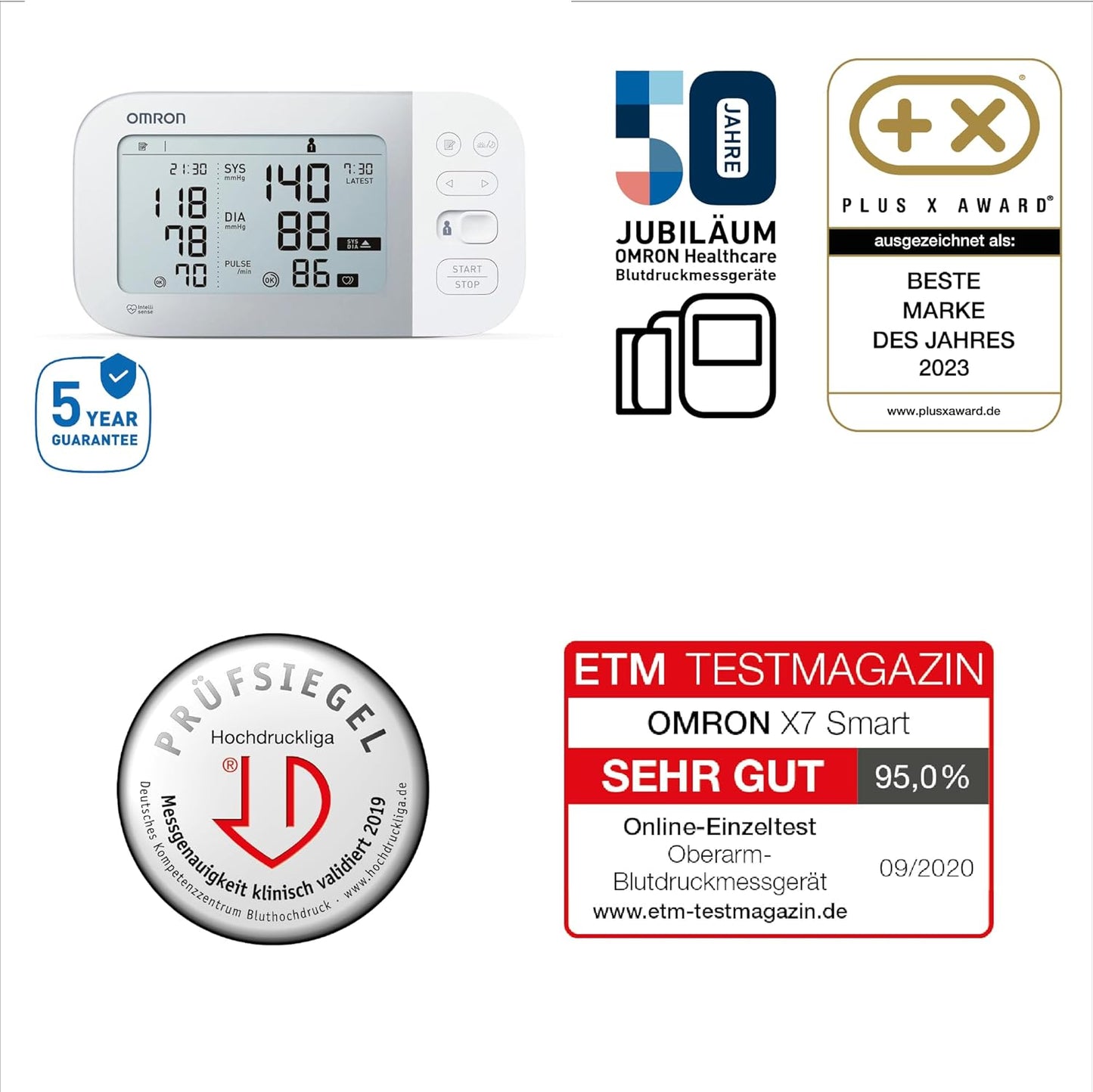OMRON X7 Smart - Automatisches Oberarm-BlutdruckmessgerΓ€t | Testsieger Stiftung Warentest 11/23 | Afib-Erkennung | Klinisch Validiert - Auch FΓΌr Diabetiker | Mit Kostenloser Smartphone App | 22-42 Cm