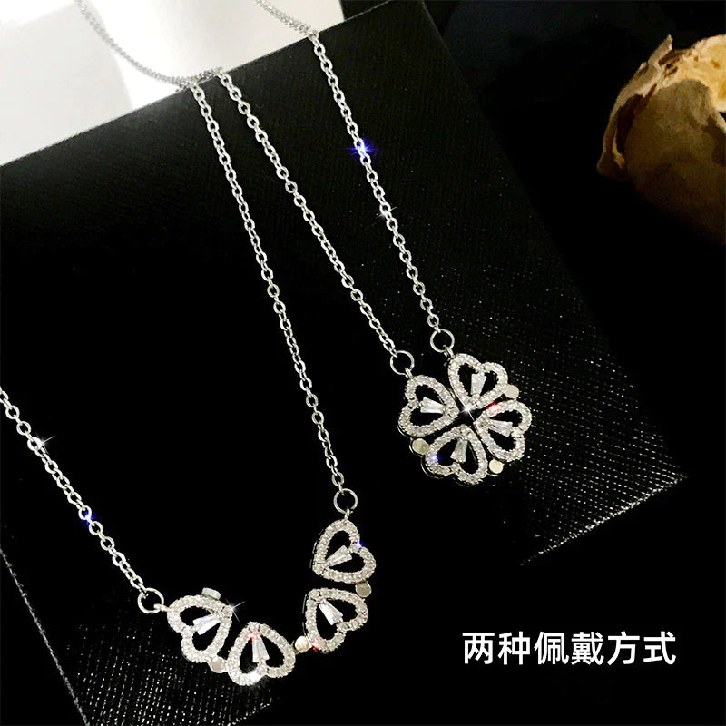 Creative Magnetic Folding Heart-Shaped Four-Leaf Clover Pendant Necklace Popular Jewelry Two Ways to Wear Unusual Party Gift