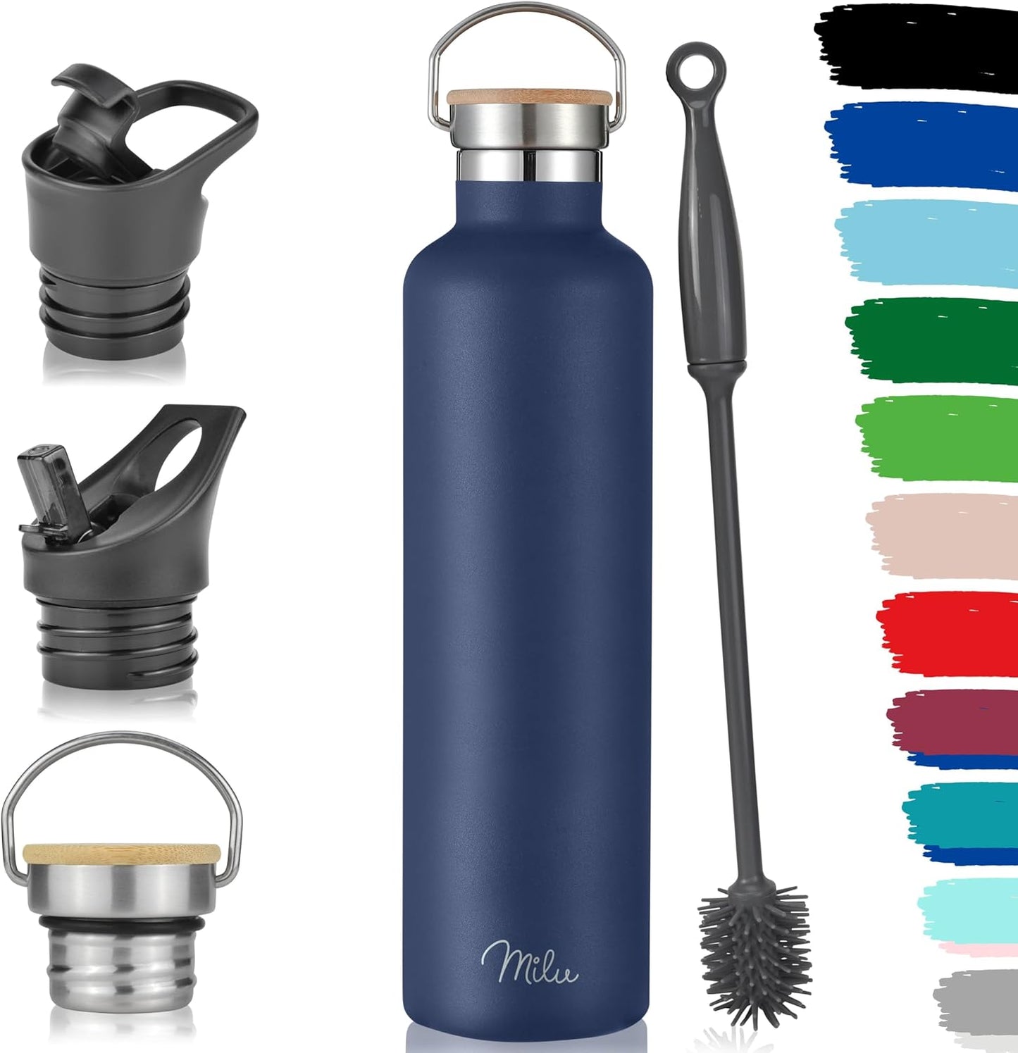 Milu Edelstahl Isolier-Trinkflasche 750ml - Auslaufsicher, Doppelwandig, Mit Strohhalm, Kohlensäure Geeignet, 3 Deckel Inklusive - Perfekt für Unterwegs (Schwarz)