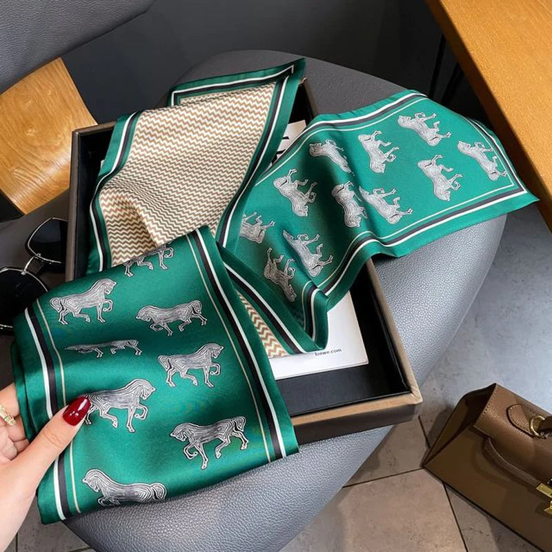 2022 Horse Print Women Silk Satin Hair Band Scarf Skinny Neck Tie Ribbon Hand Bag Wirst Towel Headscarf Girl Foulard