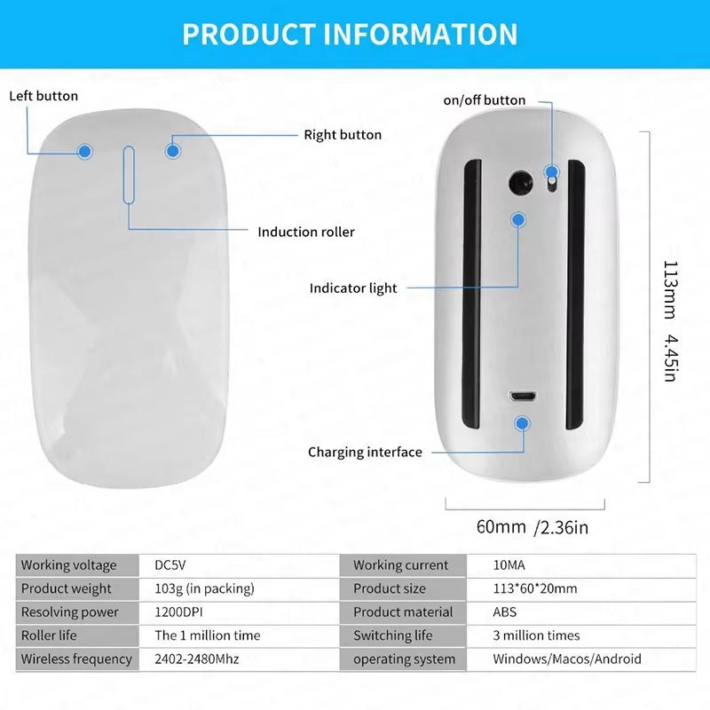 For Apple Wireless Bluetooth Rechargeable Silent Multi Arc Touch Mice Ultra-Thin Magic Mouse for Macbook Pro Air Mini Laptop PC