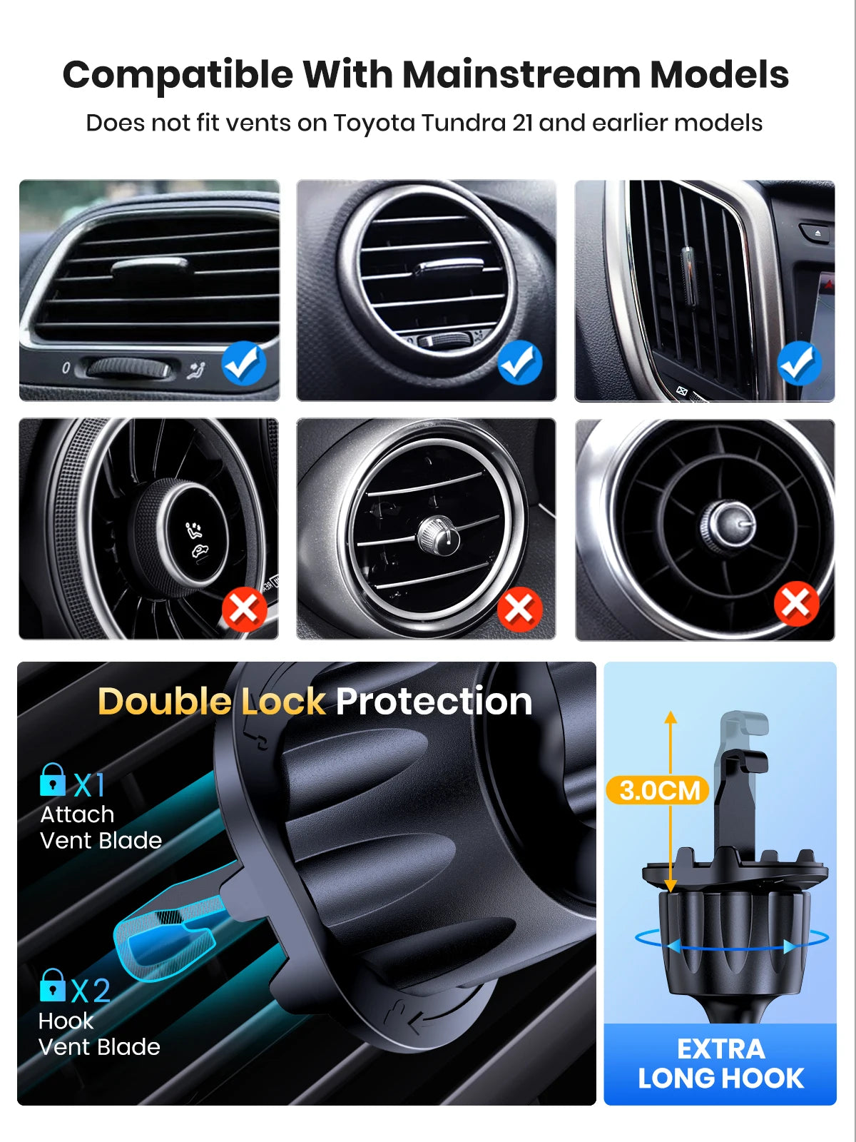TOPK D36-G Car Phone Holder with Hook Clip Air Vent Car Mount 360° Rotation Mobile Phone Mount for Cellphone