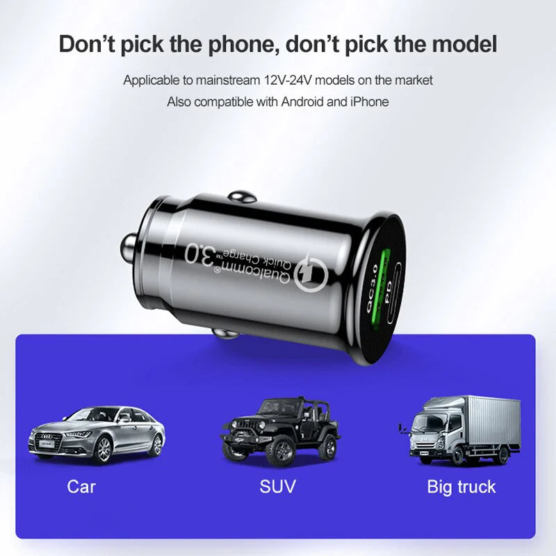 Mini USB Car Charger Quick Charge 3.0 PD Charger Fast Charging USB Type C QC PD 3.0 Mobile Phone Charger for Samsung Galaxy S21