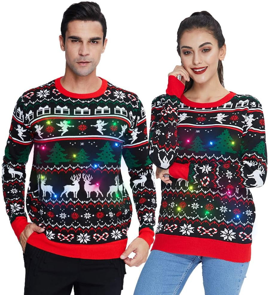 Freshhoodies Unisex Strickpullover Weihnachtspullover Mit LED Leuchten Neuheit Ugly Weihnachtspulli Sweater Pullover Für Damen Herren Weihnachtsparty S-2XL