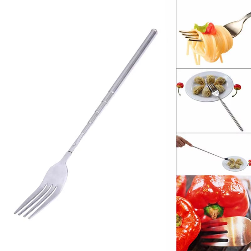 Silver Stainless Telescopic Extendable Fork Dinner Fruit Dessert Long Cutlery Forks Barbecue Meat Fork Kitchen Accessories Tools