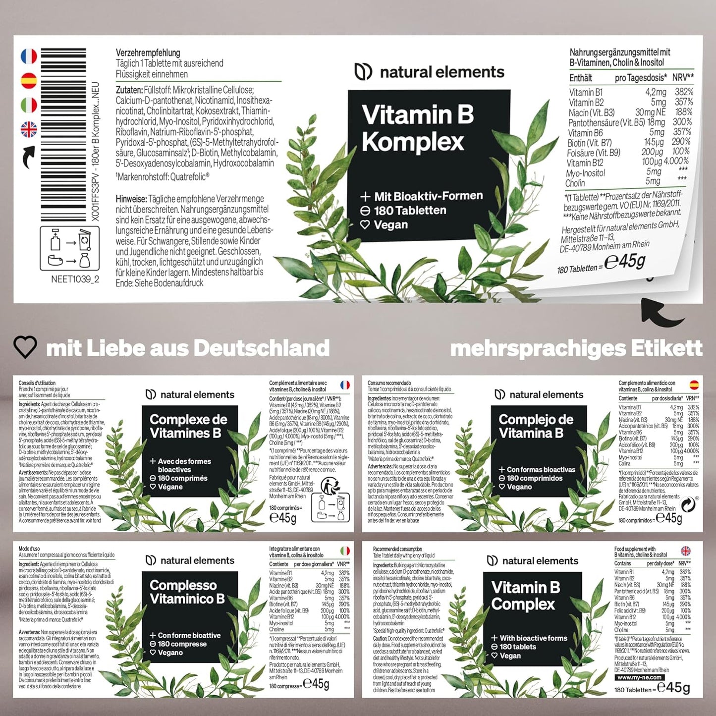 Vitamin B Komplex - 180 Tabletten - Premium: Mit Bio-Aktivformen, Quatrefolic® & Kofaktoren - Vegan, Hochdosiert, Ohne Unnötige Zusätze – in Deutschland Produziert & Laborgeprüft
