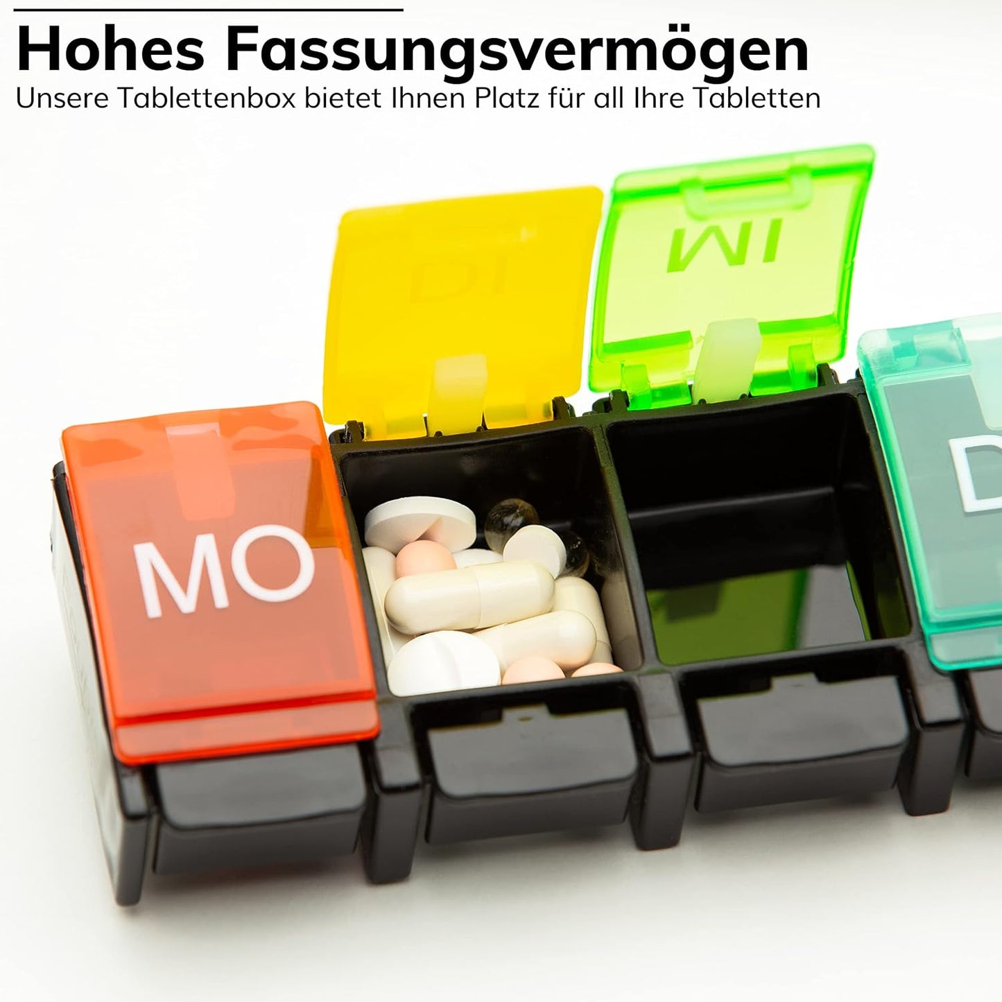 Foubiss - Tablettenbox 7 Tage Mit Druckknopf - BPA Frei - Medikamentenbox Große Fächer - Perfekt Für Unterwegs - Pillendose 7 Fächer Morgens - Bunt
