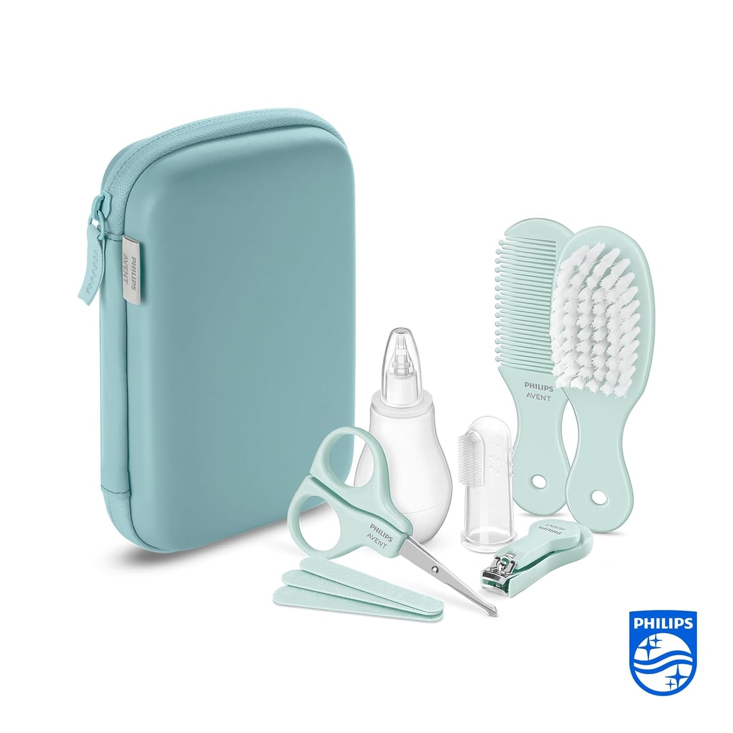 Philips Avent Babypflege-Set – Starter-Set Mit 9 Zubehörteilen: Nagelknipser, Schere, 3 Nagelfeilen, Kamm, Haarbürste, Nasensauger Und Fingerzahnbürste (Modell SCH401/00)