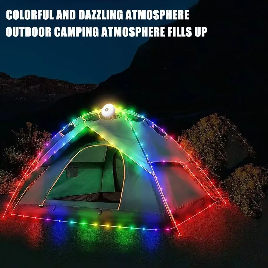Solar Lights Outdoor Camping Light 10Meter String Light Outdoor Tent Light RGB Atmosphere Light LED Flashlight with Hook 