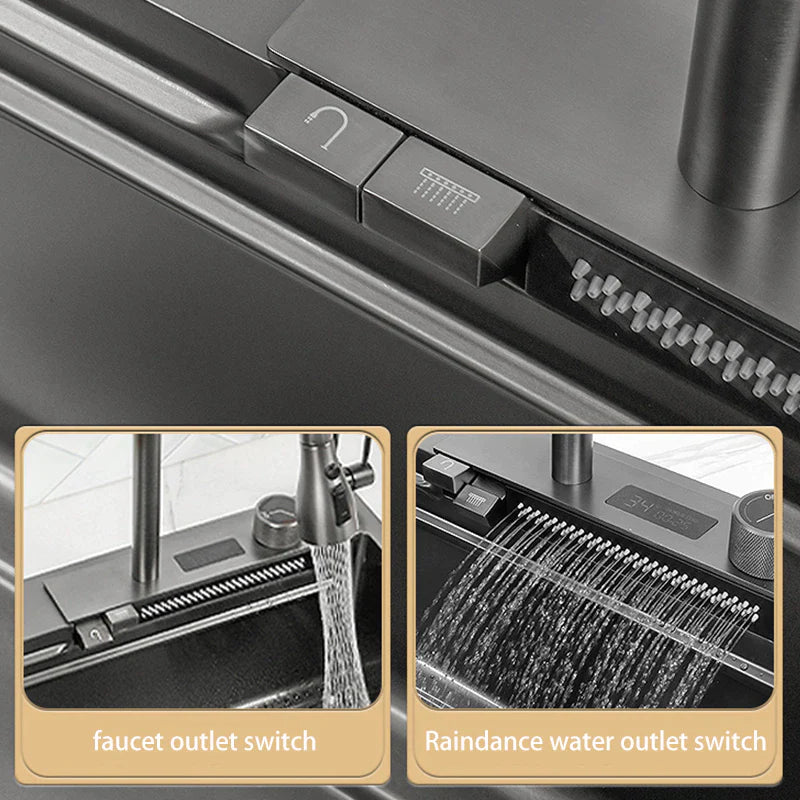 Waterfall Sink Kitchen Stainless Steel Topmount Sink Large Single Slot Wash Basin with Multifunction Touch Waterfall Faucet