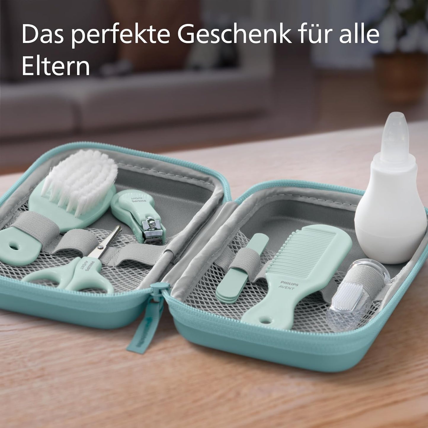 Philips Avent Babypflege-Set – Starter-Set Mit 9 Zubehörteilen: Nagelknipser, Schere, 3 Nagelfeilen, Kamm, Haarbürste, Nasensauger Und Fingerzahnbürste (Modell SCH401/00)