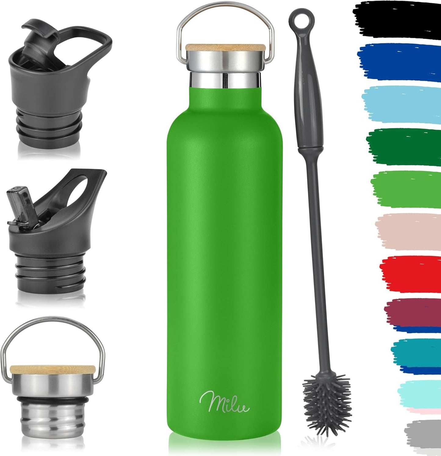 Milu 750Ml Edelstahl Trinkflasche mit Strohhalm - Isolierte, Auslaufsichere Thermosflasche in Apfelgrün (inkl. 3 Deckel)