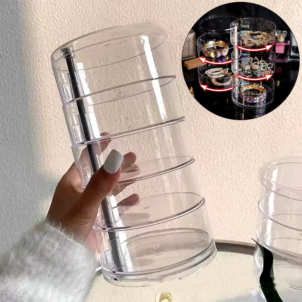 Rotating Jewelry and Makeup Storage Organizer with Cover - Round Plastic Display Rack for Bracelets and Earrings