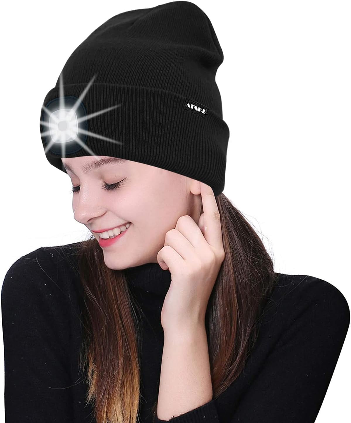 ATNKE LED Beleuchtete Mütze,Wiederaufladbare USB Laufmütze Mit Licht Extrem Heller 4 LED Lampe Winter Warme Stirnlampe Für Herren Und Damen Geschenke