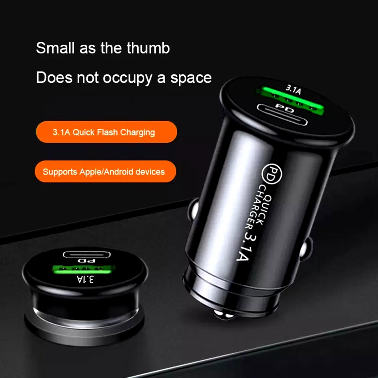 Mini Car Charger USB+PD Fast Charging Flash Charging Car Cigarette Lighter One to Two Single Line Fast Charging Head