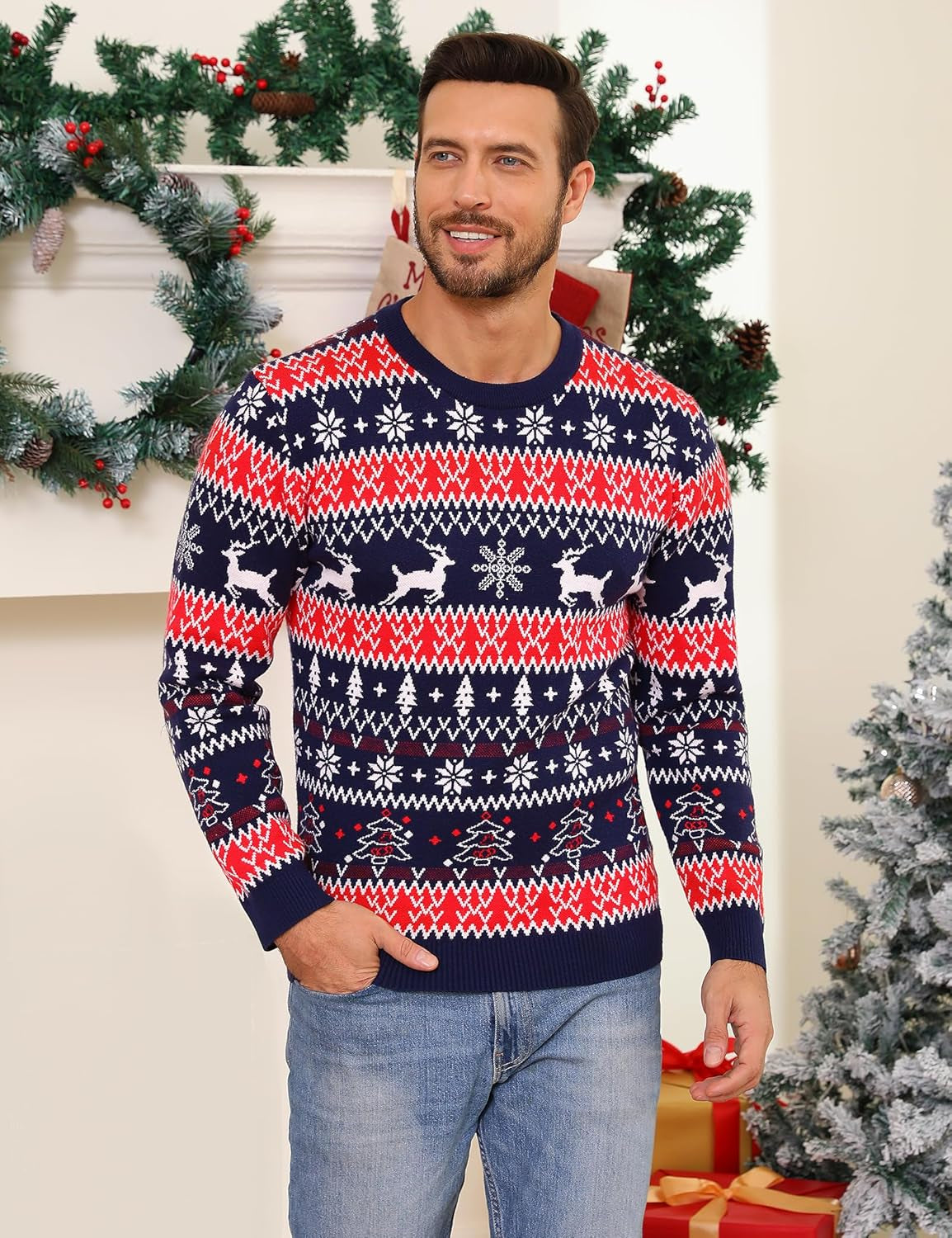 Iclosam Herren Weihnachtspullover Sweater Christmas Pullover Rundhals Warme Strickpulli Für Weihnachten