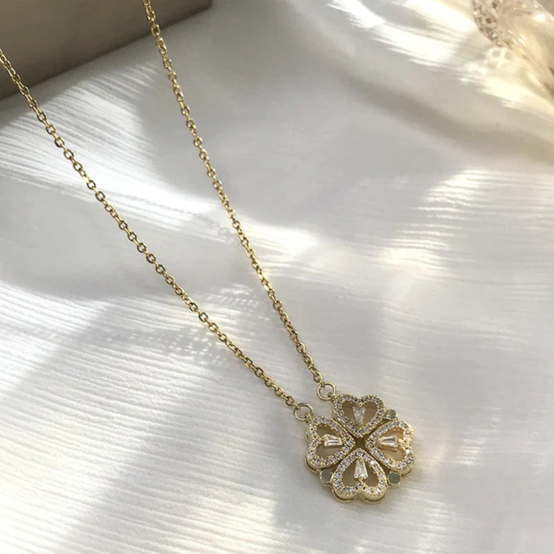 Creative Magnetic Folding Heart-Shaped Four-Leaf Clover Pendant Necklace Popular Jewelry Two Ways to Wear Unusual Party Gift