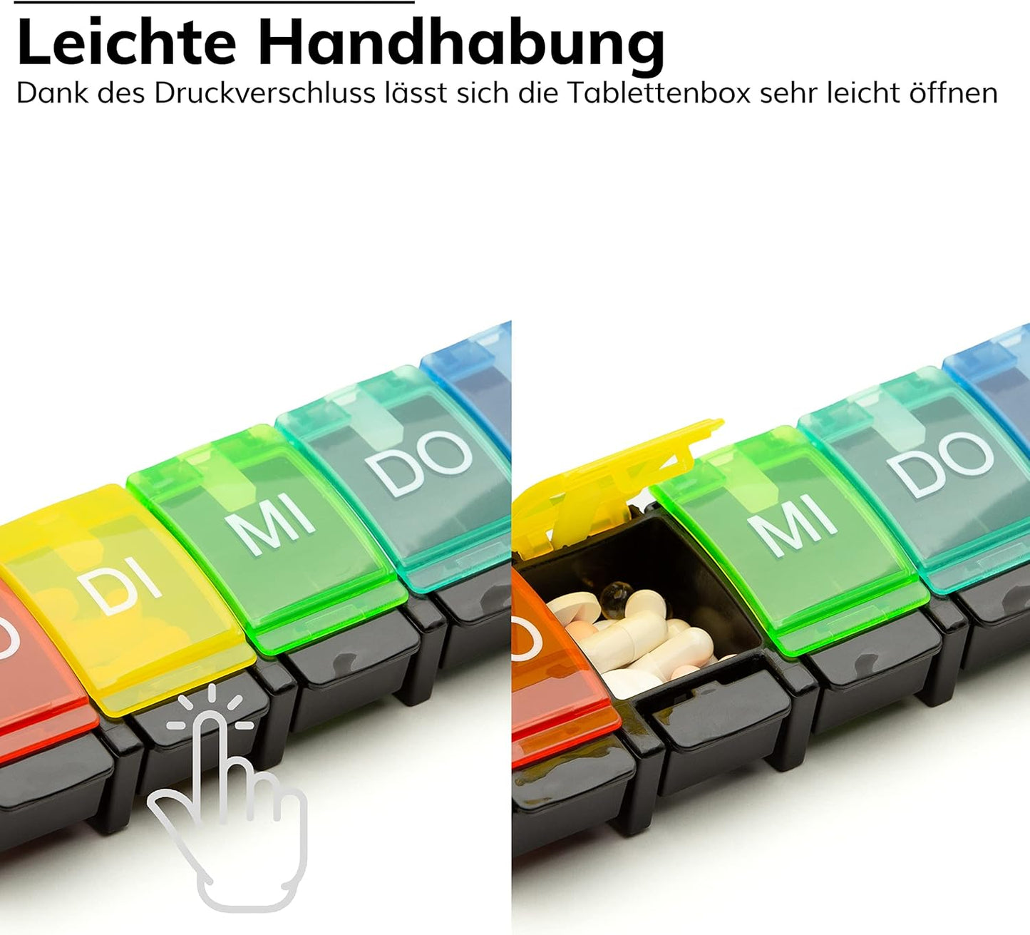 Foubiss - Tablettenbox 7 Tage Mit Druckknopf - BPA Frei - Medikamentenbox Große Fächer - Perfekt Für Unterwegs - Pillendose 7 Fächer Morgens - Bunt