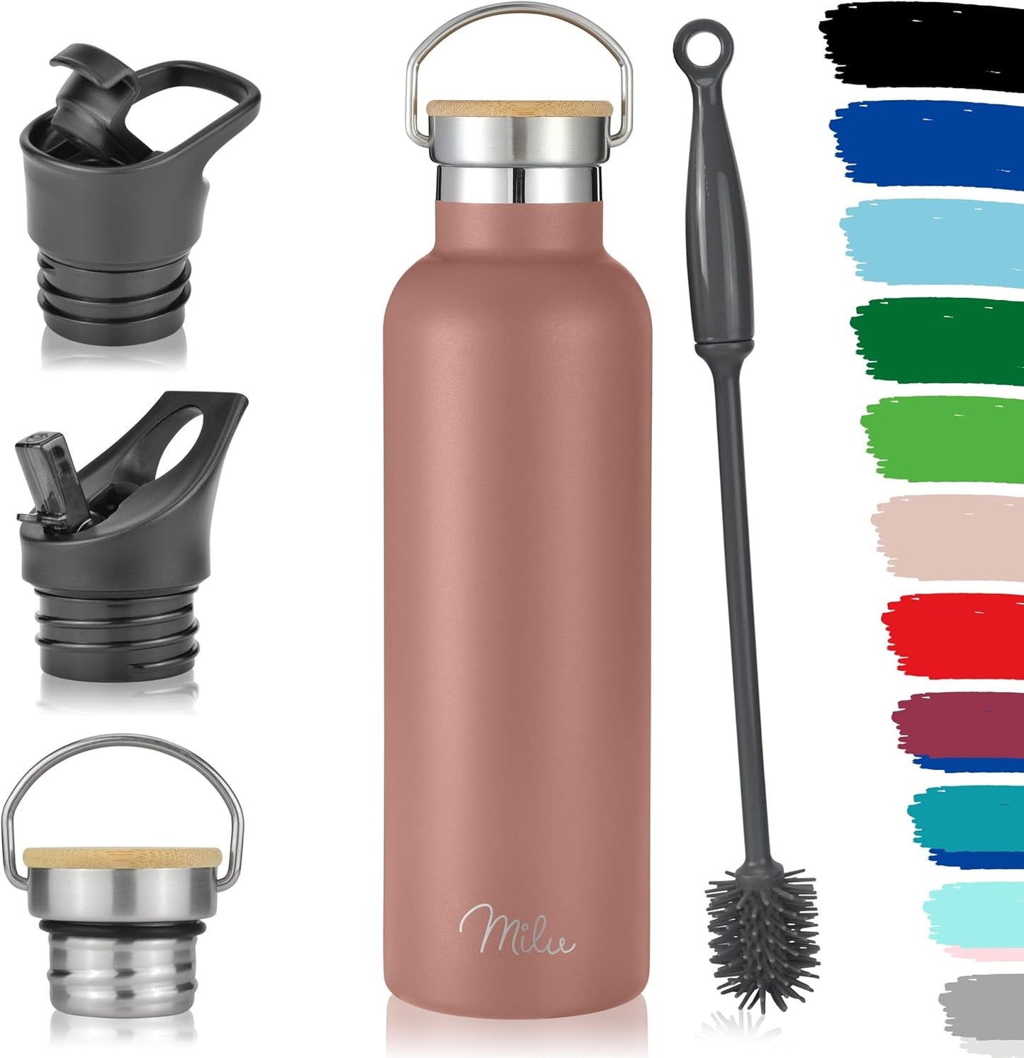 Milu Rose Gold Isolierte Edelstahl Trinkflasche 750ml mit Strohhalm & 3 Deckeln - Auslaufsicher & Doppelwandig