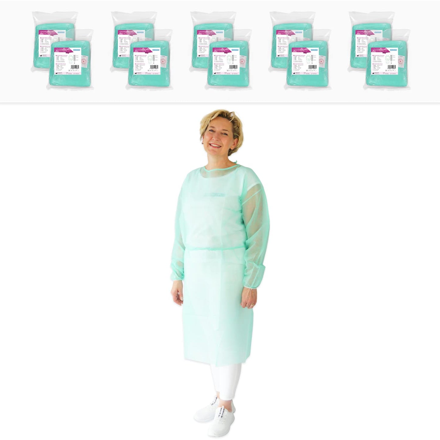 100 Stück ARNOMED Einweg OP Kittel - Grüner Schutzkittel in Größe M (115x137 cm) aus PP-Vlies, 23 g/m², ideal für Patientenschutz