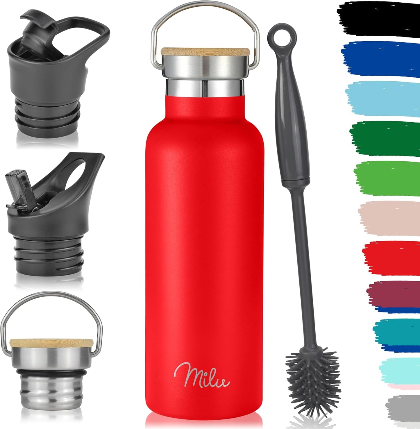Milu Edelstahl Trinkflasche 350Ml 500Ml 750Ml 1000Ml (+3 Deckel) - Thermosflasche Mit Strohhalm, Isolierte Wasserflasche, Auslaufsichere Isolierflasche Doppelwandig, Kohlensäure Geeignet (Rot, 500Ml)