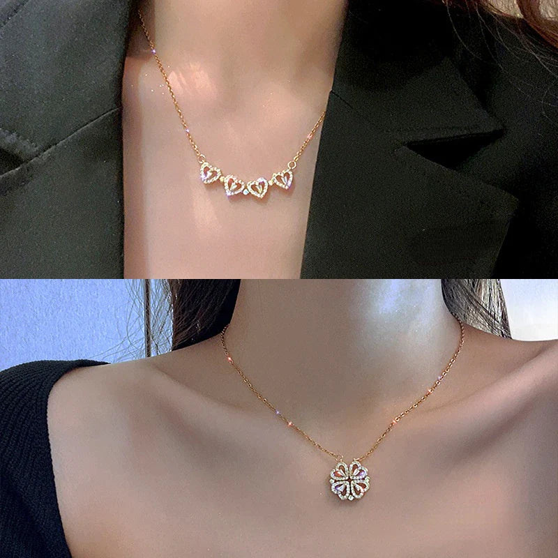 Creative Magnetic Folding Heart-Shaped Four-Leaf Clover Pendant Necklace Popular Jewelry Two Ways to Wear Unusual Party Gift