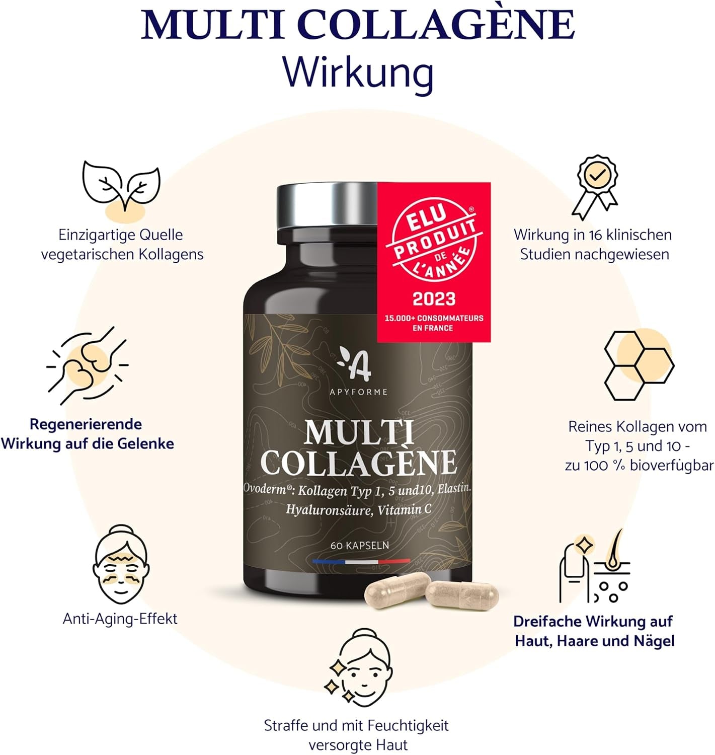 - Patentiertes Kollagen + Hyaluronsäure - Produkt Des Jahres 2023-3 Patente Und 16 Klinische Studien - 2-Monats-Kur - 60 Kapseln - Multi Collagène