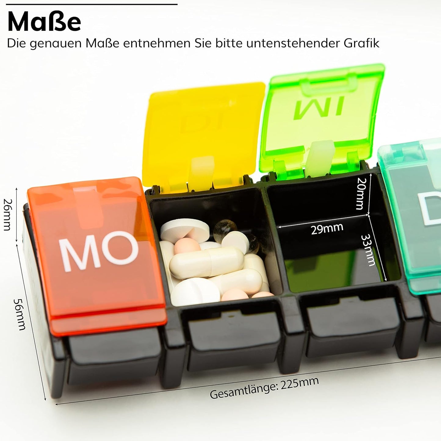 Foubiss - Tablettenbox 7 Tage Mit Druckknopf - BPA Frei - Medikamentenbox Große Fächer - Perfekt Für Unterwegs - Pillendose 7 Fächer Morgens - Bunt