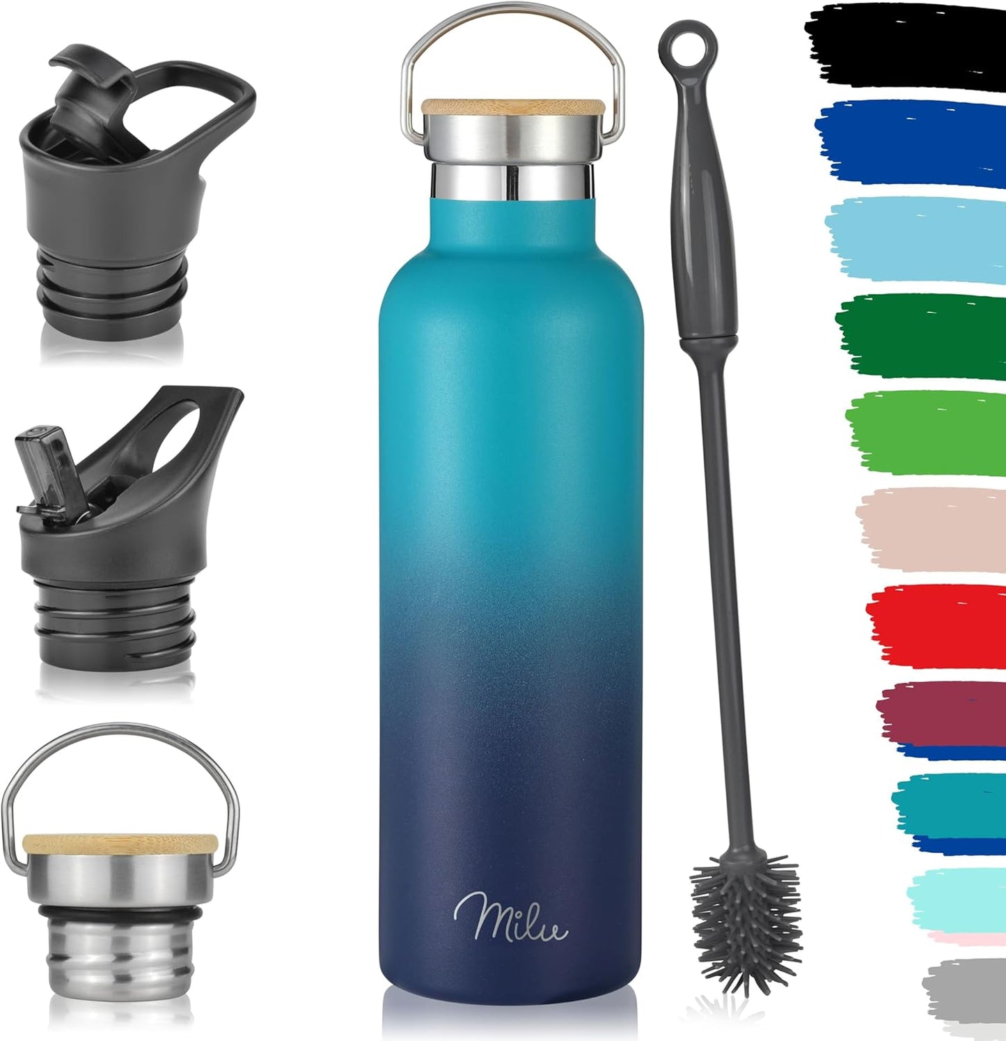 Milu Isolierte Edelstahl Trinkflasche 750Ml - Mit Strohhalm, Auslaufsicher & Doppelwandig, Perfekt für Sprudelwasser - Grünes Blau Design