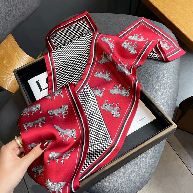 2022 Horse Print Women Silk Satin Hair Band Scarf Skinny Neck Tie Ribbon Hand Bag Wirst Towel Headscarf Girl Foulard