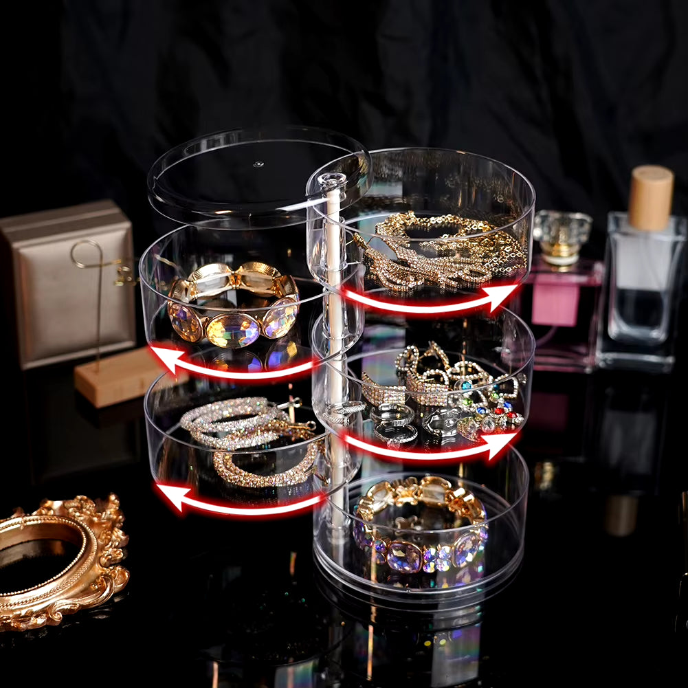 Rotating Jewelry and Makeup Storage Organizer with Cover - Round Plastic Display Rack for Bracelets and Earrings