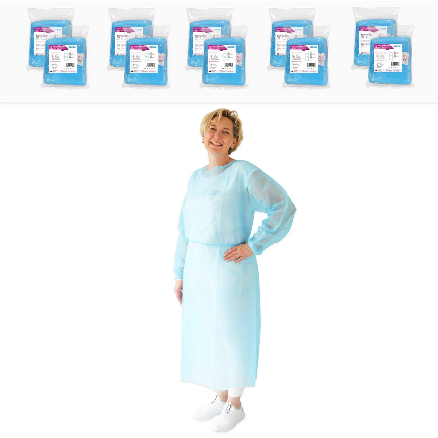 100 Stück Einweg OP Kittel Blau XL – Hochwertige PP Schutzkleidung (130x140 cm, 23 g/m²) für Klinik und Praxis