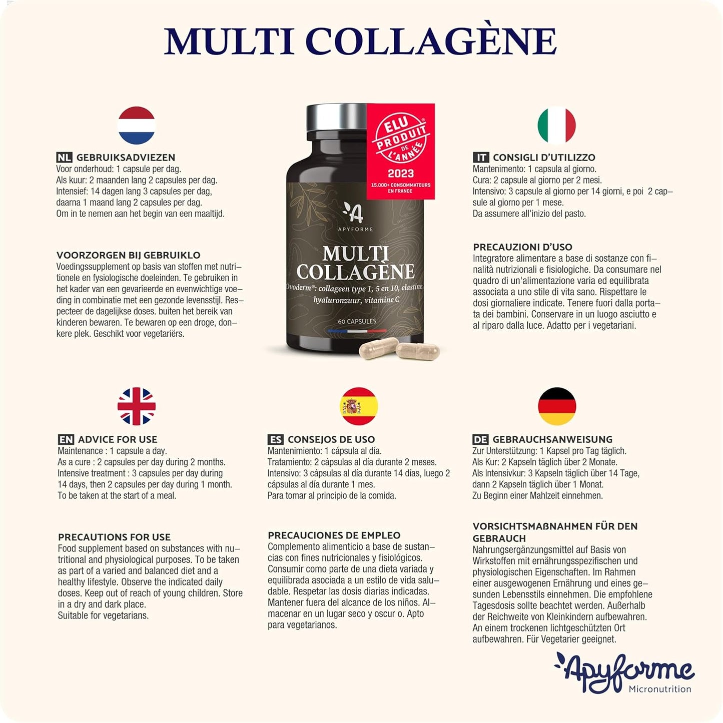 - Patentiertes Kollagen + Hyaluronsäure - Produkt Des Jahres 2023-3 Patente Und 16 Klinische Studien - 2-Monats-Kur - 60 Kapseln - Multi Collagène