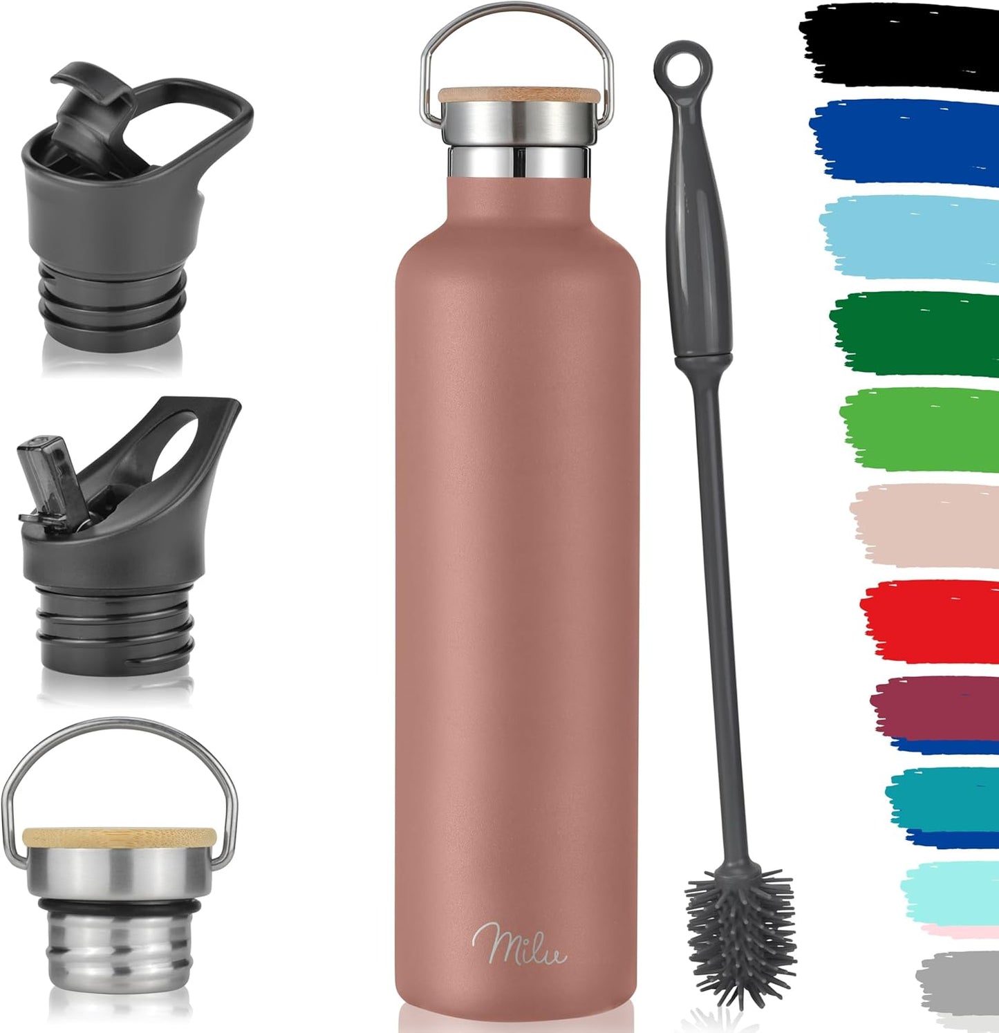 Milu Edelstahl Trinkflasche 350Ml 500Ml 750Ml 1000Ml (+3 Deckel) Thermosflasche Mit Strohhalm, Isolierte Wasserflasche, Auslaufsichere Isolierflasche Doppelwandig (Rose Gold, 1000Ml)