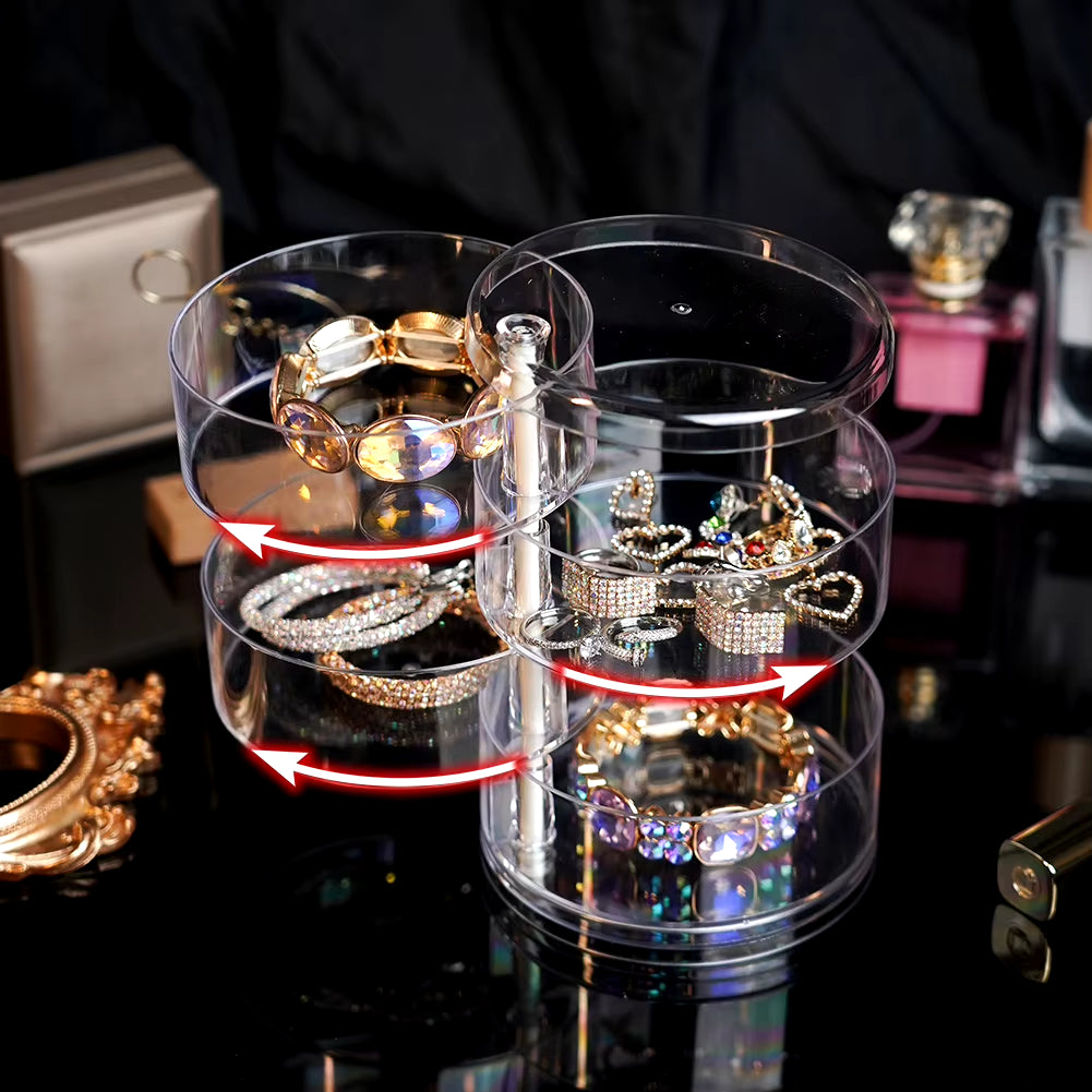 Rotating Jewelry and Makeup Storage Organizer with Cover - Round Plastic Display Rack for Bracelets and Earrings