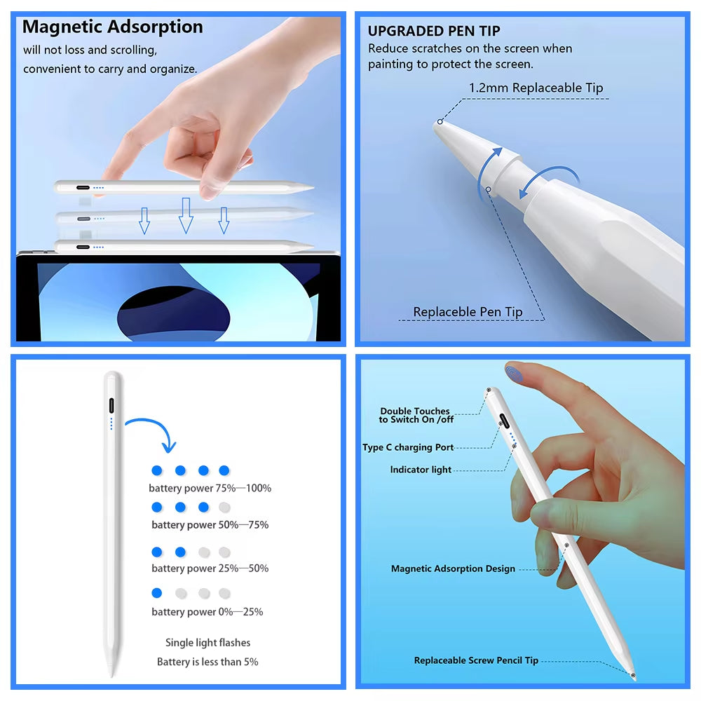 Stylus Pen Ipad Palm Rejection Power Display for Ipad Pencil Accessories 2022 2021 2020 2019 2018 Pro Air Mini Stylus