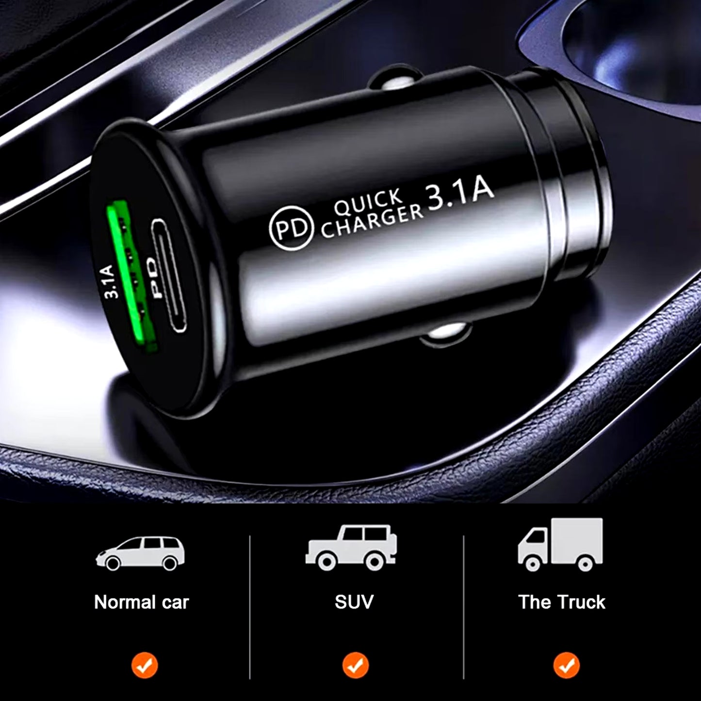 Mini Car Charger USB+PD Fast Charging Flash Charging Car Cigarette Lighter One to Two Single Line Fast Charging Head