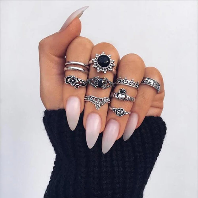 Bohemia Antique Gold Color Elephant Flower Rose Heart Crown Carved Rings Set Vintage Animal Joint Ring Women'S Jewelry