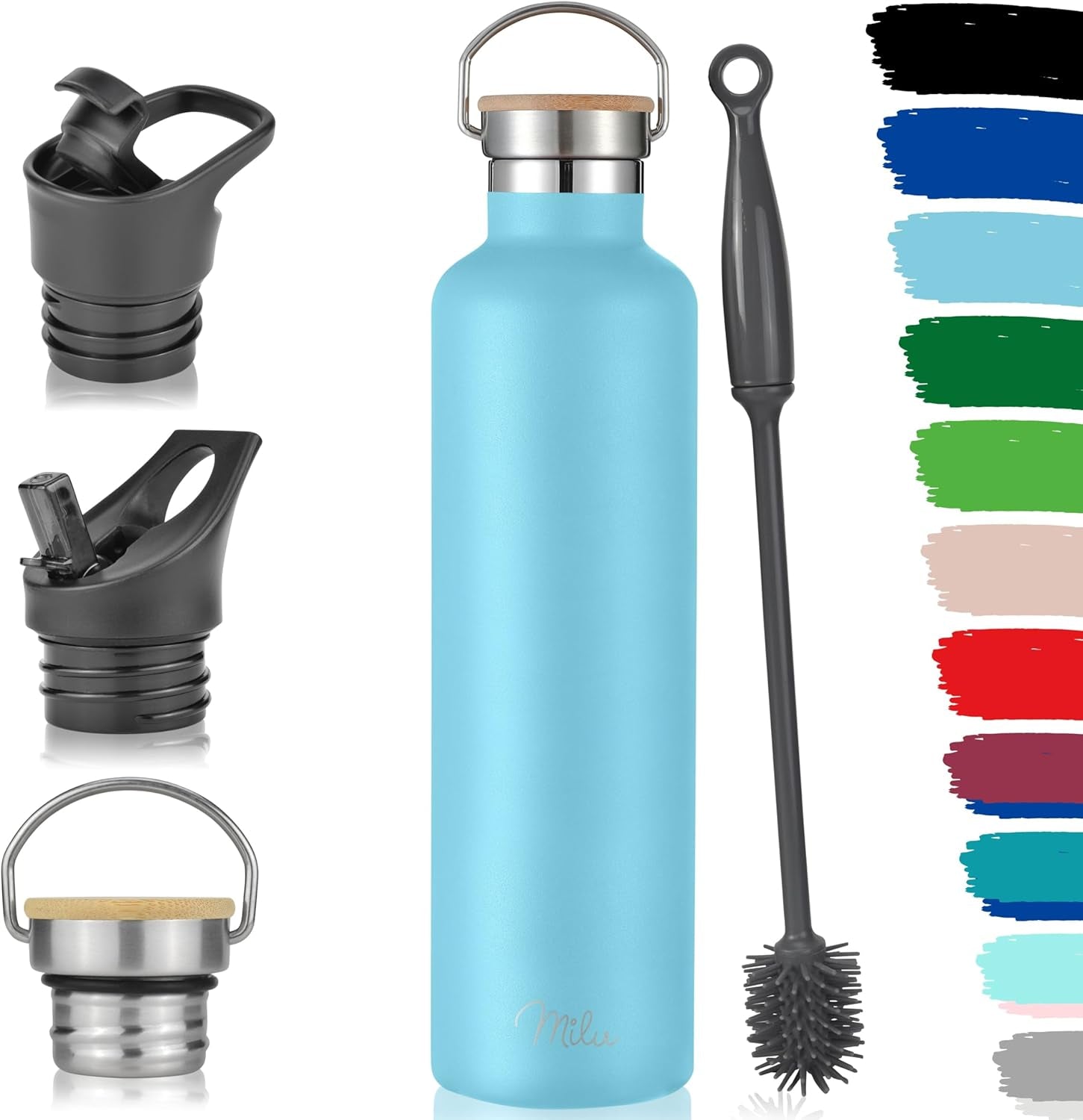 Milu Edelstahl Thermosflasche 1000ml - Auslaufsichere Wasserflasche mit Strohhalm und 3 Deckeln, Himmelblau, Doppelwandige Isolierflasche für kalte und heiße Getränke