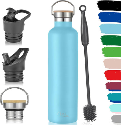 Milu Edelstahl Thermosflasche 1000ml - Auslaufsichere Wasserflasche mit Strohhalm und 3 Deckeln, Himmelblau, Doppelwandige Isolierflasche für kalte und heiße Getränke