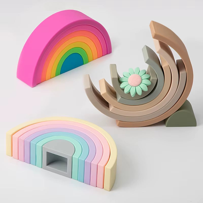 TYRY.HU BPA Free Rainbow Silicone Baby Building Blocks - 6-10 Pcs Soft 3D Educational Montessori Toys & Teething Gifts for Kids