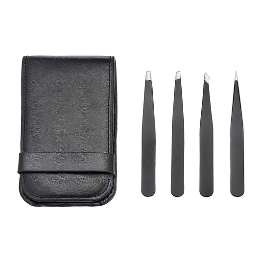 Professionelles Edelstahl Pinzetten-Set von Amazon Basics - 4-teiliges Set für Gesichtshaar, Wimpern und Augenbrauen mit praktischem Reiseetui, Schwarz