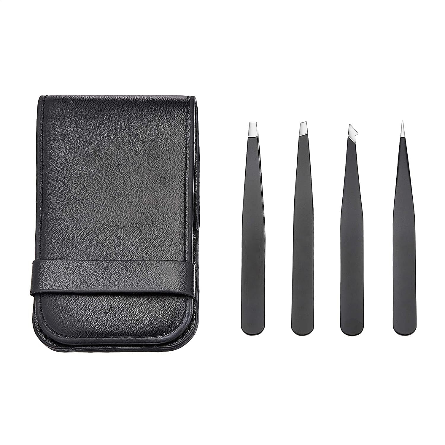 Professionelles Edelstahl Pinzetten-Set von Amazon Basics - 4-teiliges Set für Gesichtshaar, Wimpern und Augenbrauen mit praktischem Reiseetui, Schwarz
