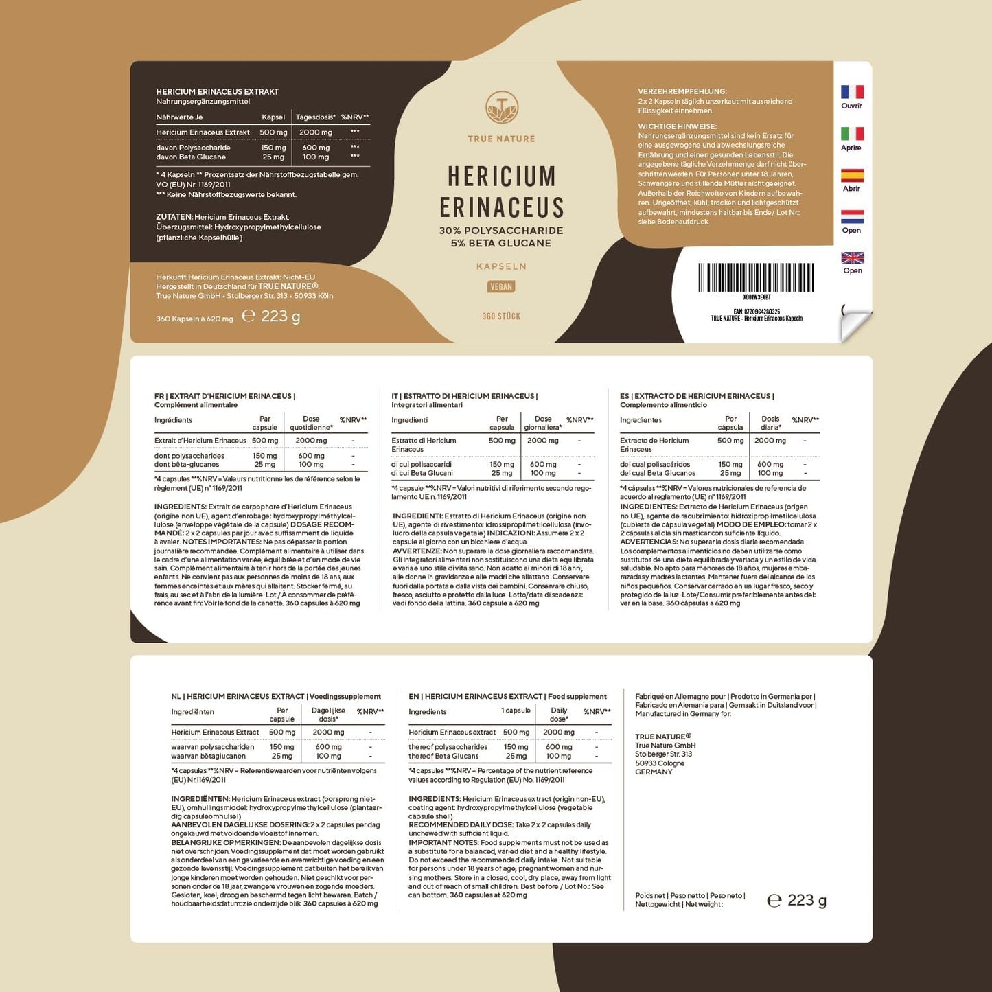 BIO Chaga Pilz Extrakt - 180 Kapseln - 1200Mg Bio Extrakt (10:1) 12.000Mg - 40% Polysaccharide - 30% Beta Glucane - Schiefer Schillerporling Pulver - Deutsche Produktion - TRUE NATURE®