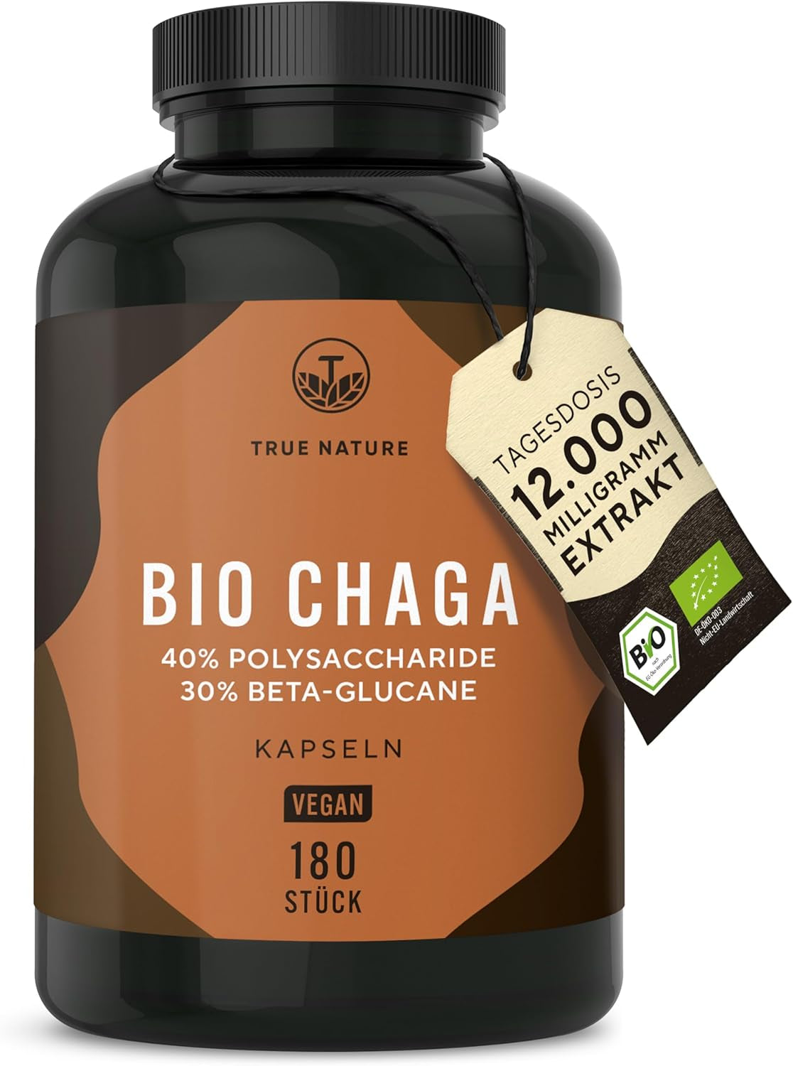 BIO Chaga Pilz Extrakt - 180 Kapseln - 1200Mg Bio Extrakt (10:1) 12.000Mg - 40% Polysaccharide - 30% Beta Glucane - Schiefer Schillerporling Pulver - Deutsche Produktion - TRUE NATURE®
