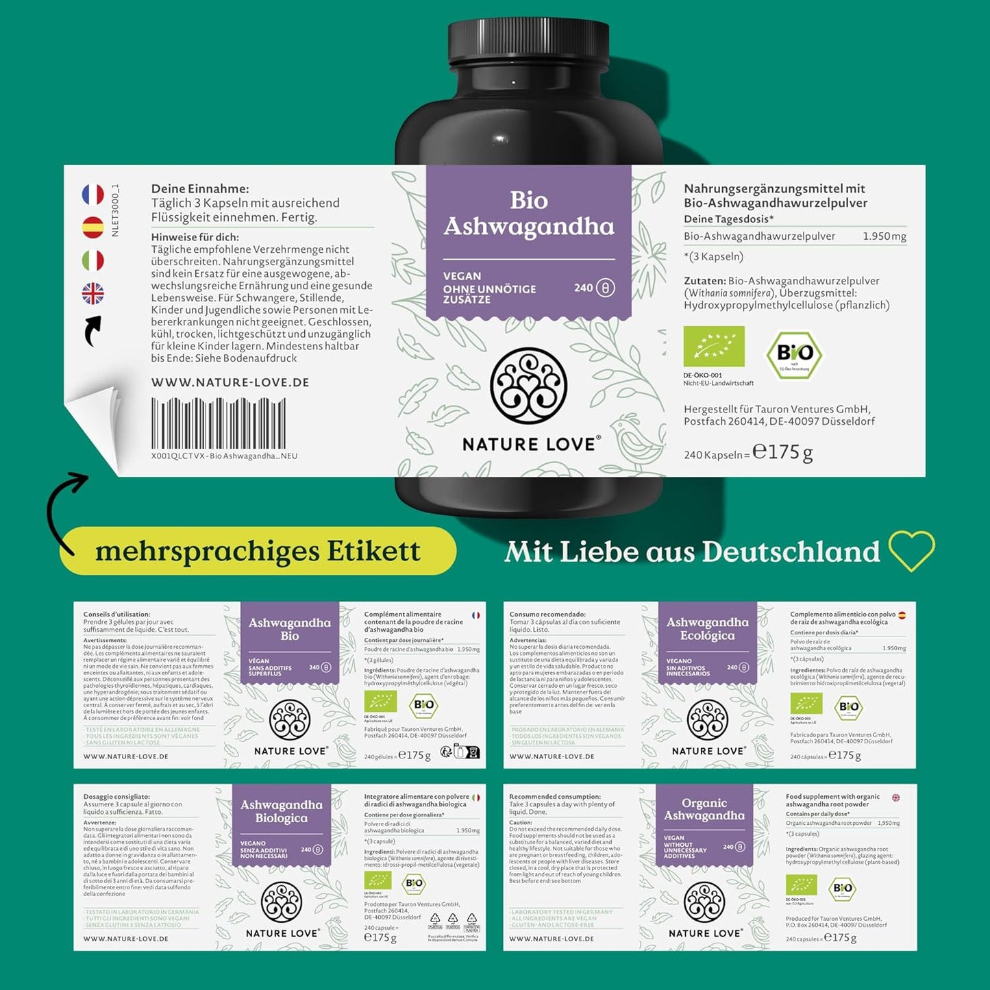 NATURE LOVE® Bio Ashwagandha - 240 Kapseln - Hochdosiert Mit 1950Mg Je Tagesdosis - Hochwertige Indische Schlafbeere - Laborgeprüft, Vegan, in Deutschland Produziert