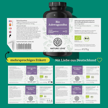 NATURE LOVE® Bio Ashwagandha - 240 Kapseln - Hochdosiert Mit 1950Mg Je Tagesdosis - Hochwertige Indische Schlafbeere - Laborgeprüft, Vegan, in Deutschland Produziert