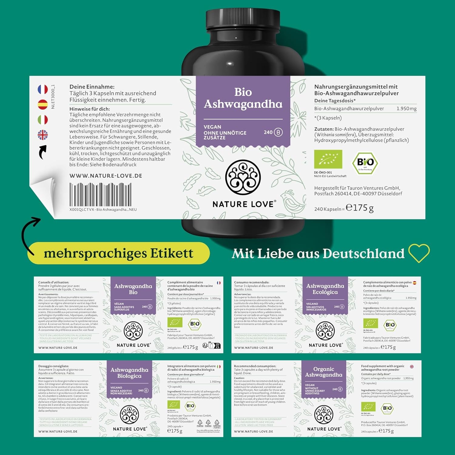 NATURE LOVE® Einfach Loslassen Set Mit Vanessa Mai - 240 Kapseln Bio Ashwagandha Mit Je 1950Mg Je Tagesdosis - Melatoninspray Neutral Mit 0,5Mg Pro Tagesdosis - Hochdosiert